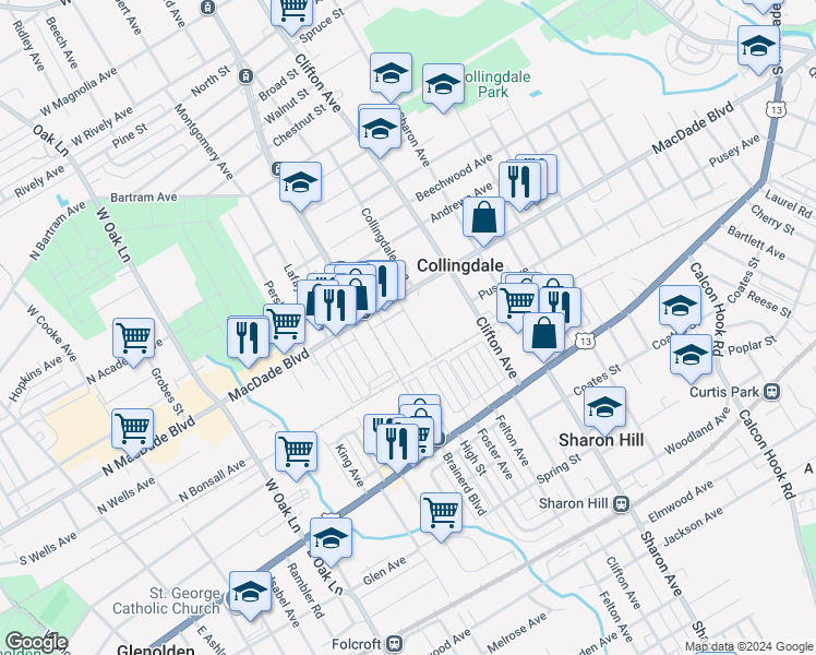 map of restaurants, bars, coffee shops, grocery stores, and more near 910 Macdade Boulevard in Collingdale