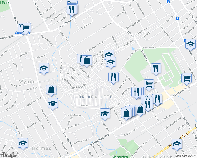 map of restaurants, bars, coffee shops, grocery stores, and more near 909 West Ashland Avenue in Glenolden