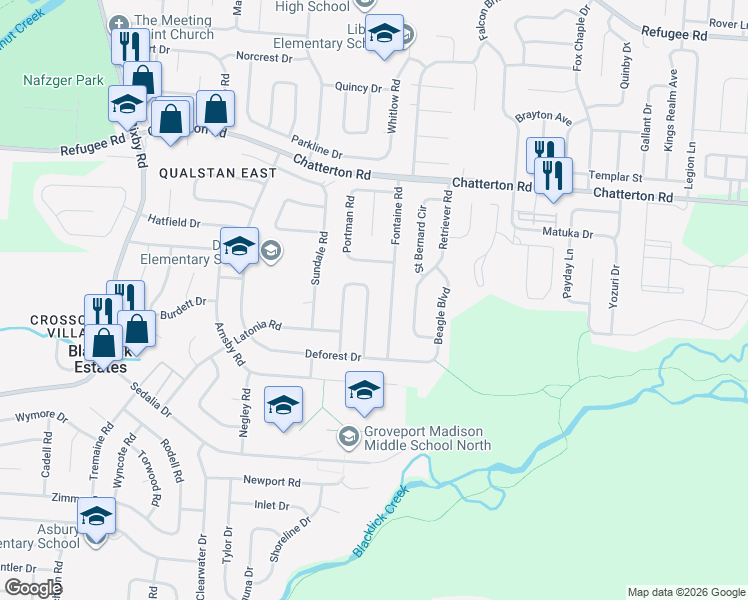 map of restaurants, bars, coffee shops, grocery stores, and more near 5444 Everson Road West in Columbus