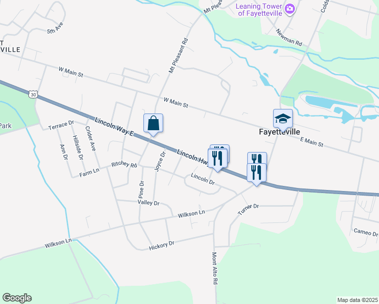 map of restaurants, bars, coffee shops, grocery stores, and more near 4225 Lincoln Way East in Fayetteville