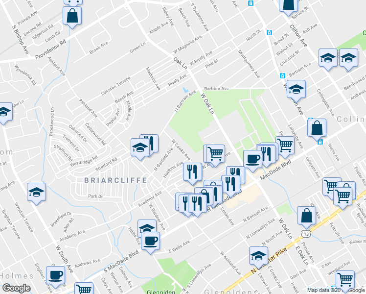 map of restaurants, bars, coffee shops, grocery stores, and more near 731 West Cooke Avenue in Glenolden