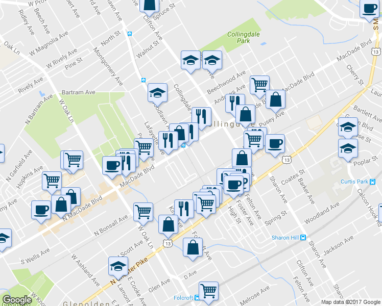 map of restaurants, bars, coffee shops, grocery stores, and more near 164 Wayne Avenue in Collingdale