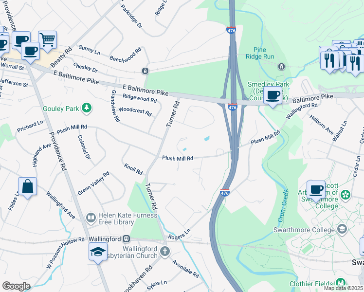 map of restaurants, bars, coffee shops, grocery stores, and more near 398 Turner Road in Nether Providence Township
