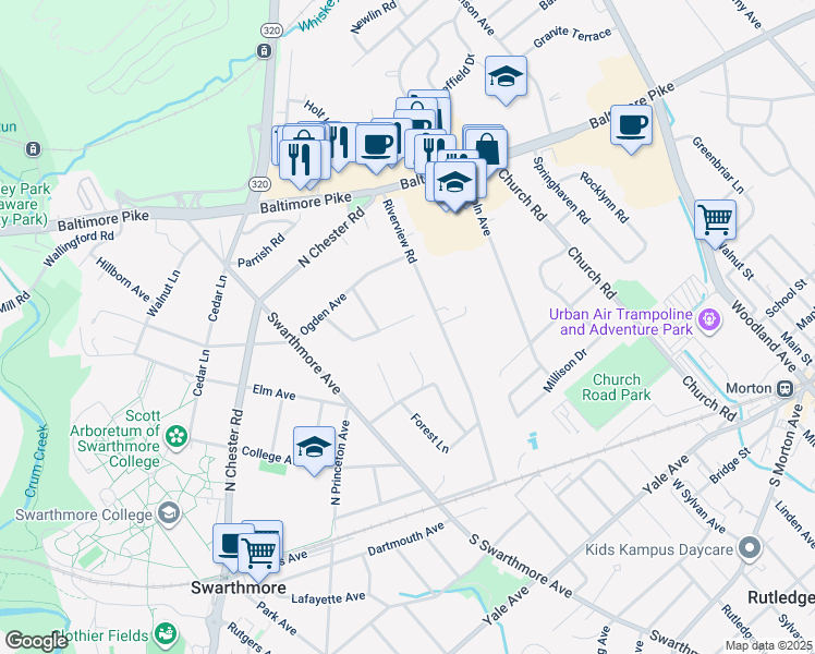 map of restaurants, bars, coffee shops, grocery stores, and more near 20 Guernsey Road in Swarthmore