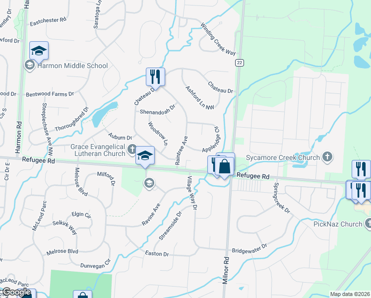 map of restaurants, bars, coffee shops, grocery stores, and more near 12137 Raintree Avenue in Pickerington