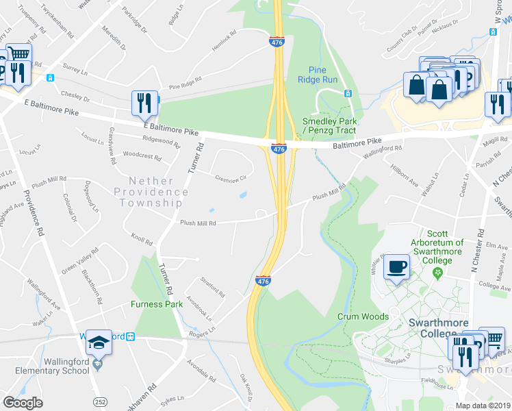 map of restaurants, bars, coffee shops, grocery stores, and more near 415 Plush Mill Road in Nether Providence Township