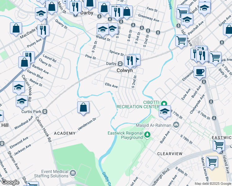 map of restaurants, bars, coffee shops, grocery stores, and more near 400 Ellis Avenue in Darby