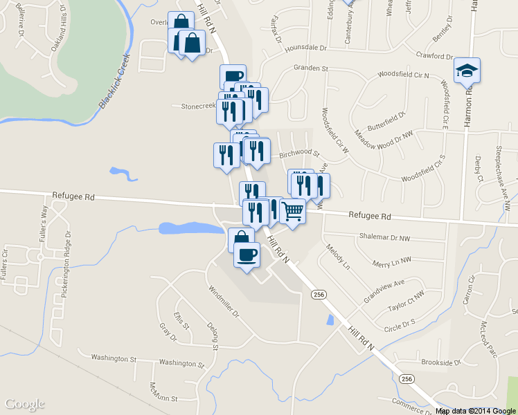 map of restaurants, bars, coffee shops, grocery stores, and more near Rte 256 & Refugee Rd in Pickerington