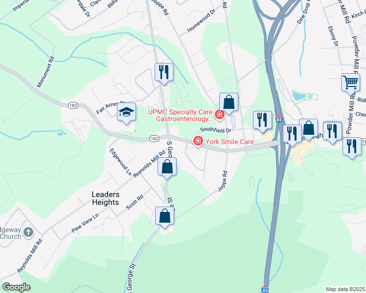 map of restaurants, bars, coffee shops, grocery stores, and more near 2604 Wren Terrace in York