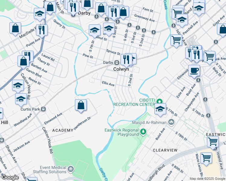 map of restaurants, bars, coffee shops, grocery stores, and more near 512 South 4th Street in Darby