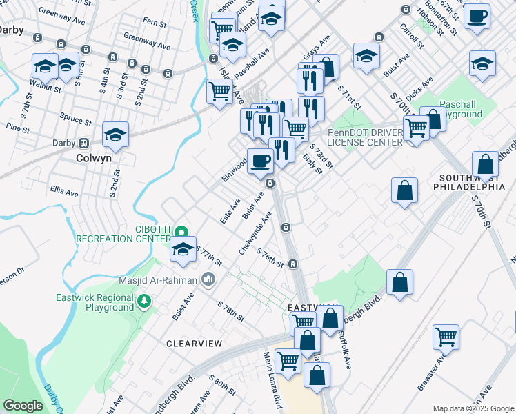 map of restaurants, bars, coffee shops, grocery stores, and more near 7436 Buist Avenue in Philadelphia