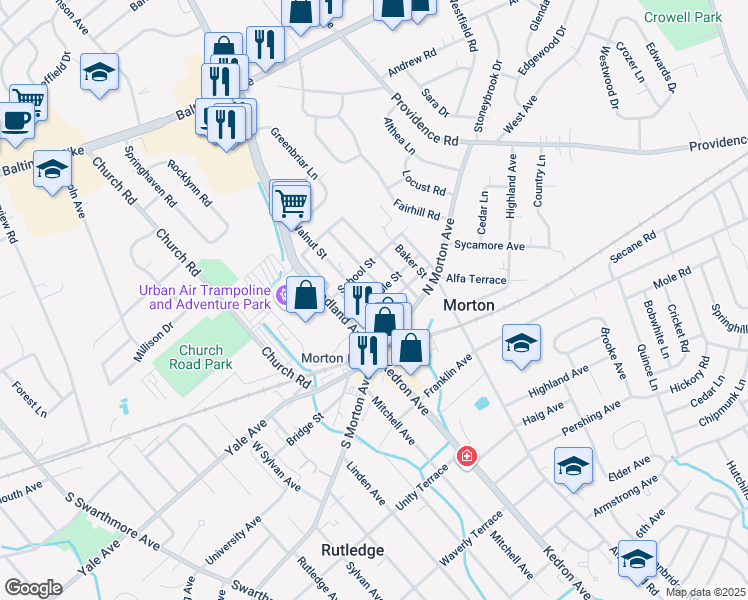 map of restaurants, bars, coffee shops, grocery stores, and more near 35 Pennington Avenue in Morton