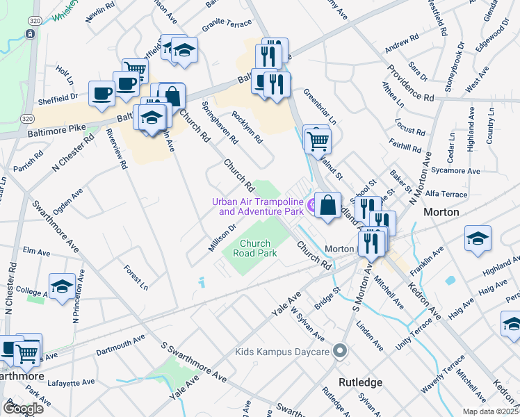 map of restaurants, bars, coffee shops, grocery stores, and more near 1164 Church Road in Springfield