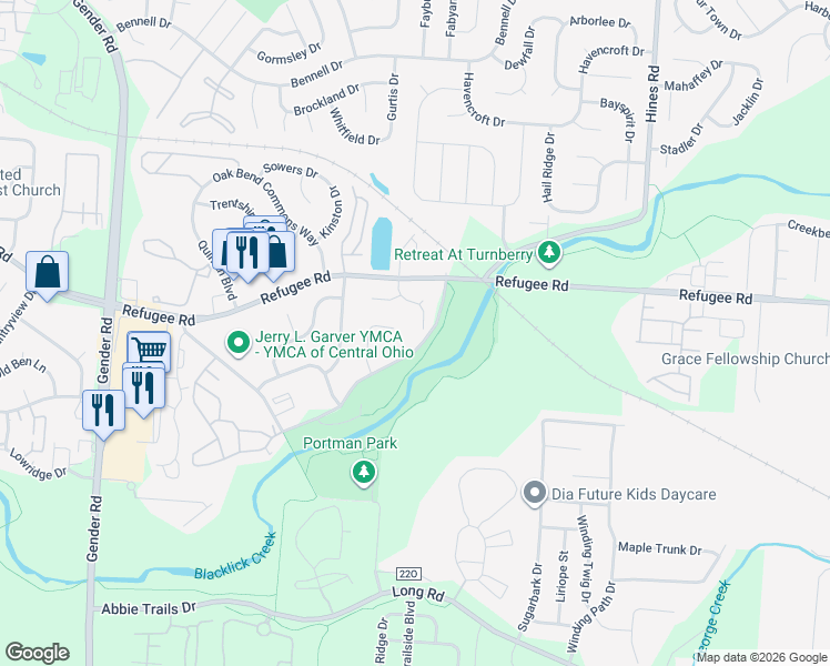 map of restaurants, bars, coffee shops, grocery stores, and more near 3572 Woody Way in Canal Winchester