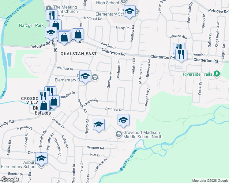 map of restaurants, bars, coffee shops, grocery stores, and more near 3264 Sundale Road in Columbus