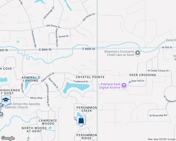 map of restaurants, bars, coffee shops, grocery stores, and more near 12714 Geist Cove Drive in Indianapolis