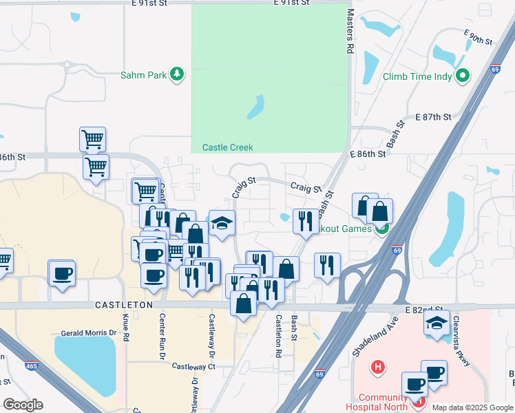 map of restaurants, bars, coffee shops, grocery stores, and more near 8477 Maple Grove Lane in Indianapolis