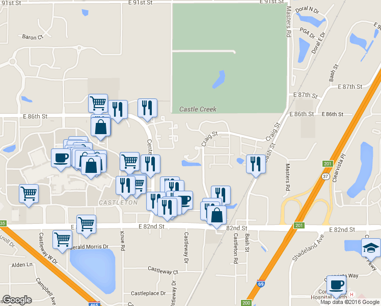 map of restaurants, bars, coffee shops, grocery stores, and more near 8480 Craig Street in Indianapolis