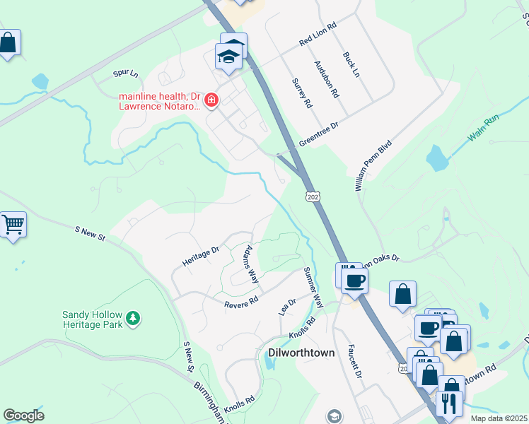 map of restaurants, bars, coffee shops, grocery stores, and more near 1015 Adams Way in West Chester