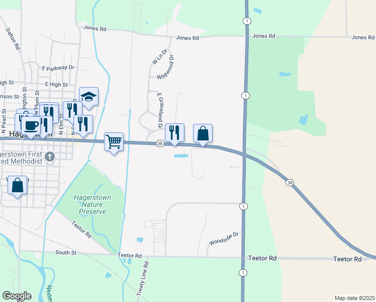 map of restaurants, bars, coffee shops, grocery stores, and more near 595 East Main Street in Hagerstown