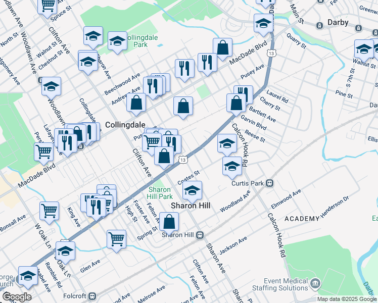 map of restaurants, bars, coffee shops, grocery stores, and more near 926 Chester Pike in Sharon Hill