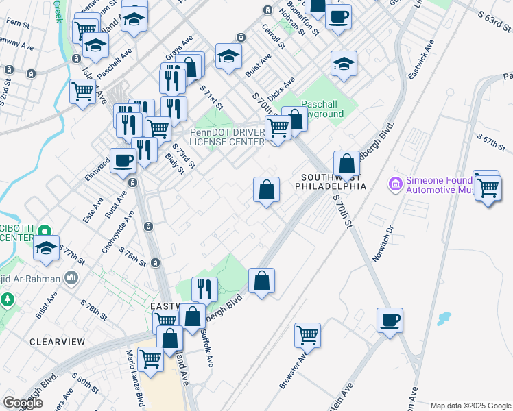 map of restaurants, bars, coffee shops, grocery stores, and more near 7209 Shearwater Pl in Philadelphia