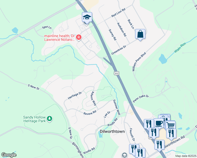 map of restaurants, bars, coffee shops, grocery stores, and more near 1015 Adams Way in West Chester