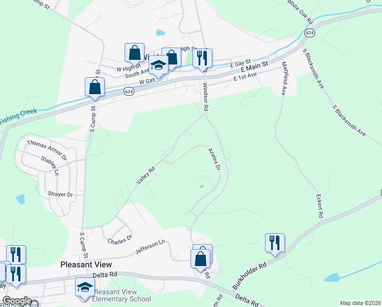 map of restaurants, bars, coffee shops, grocery stores, and more near 370 Azalea Drive in Windsor
