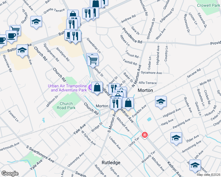 map of restaurants, bars, coffee shops, grocery stores, and more near 121 Walnut Street in Morton