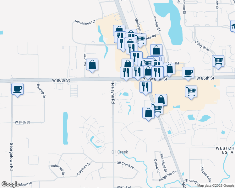 map of restaurants, bars, coffee shops, grocery stores, and more near 3855 Oak Lake Circle South in Indianapolis