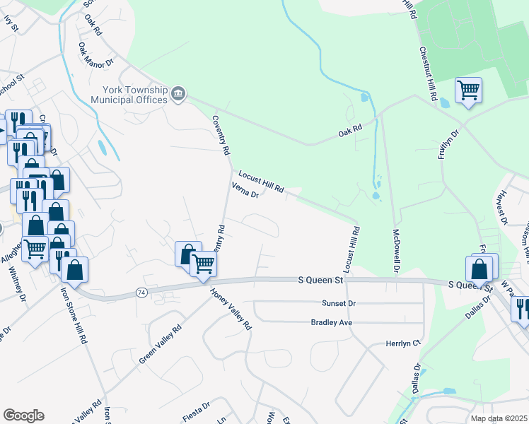map of restaurants, bars, coffee shops, grocery stores, and more near 55 Belmar Drive in Dallastown