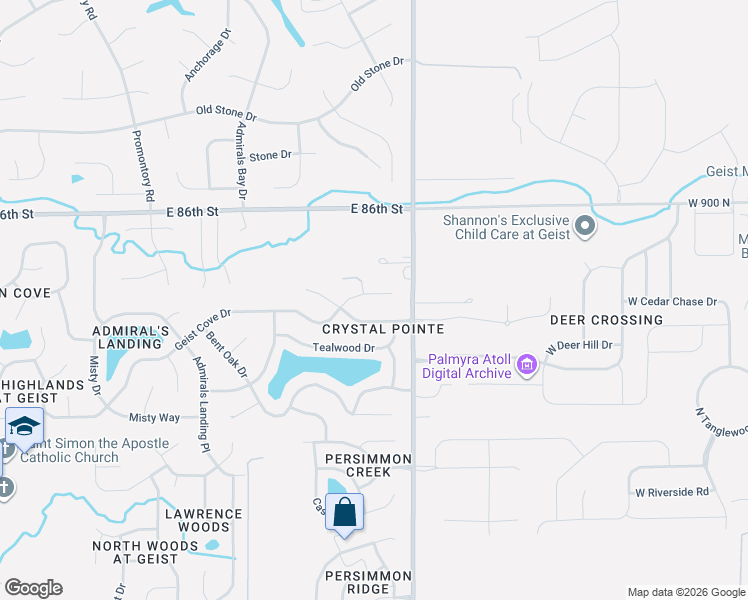 map of restaurants, bars, coffee shops, grocery stores, and more near 12714 Geist Cove Drive in Indianapolis