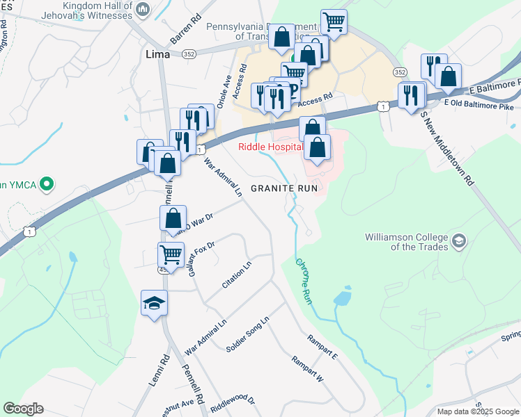 map of restaurants, bars, coffee shops, grocery stores, and more near 62 War Admiral Lane in Media