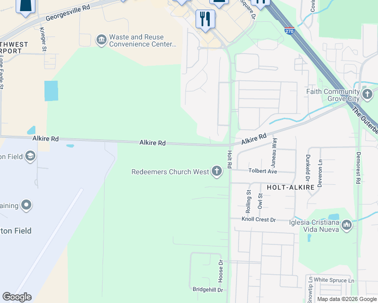 map of restaurants, bars, coffee shops, grocery stores, and more near 4810 Alkire Road in Grove City