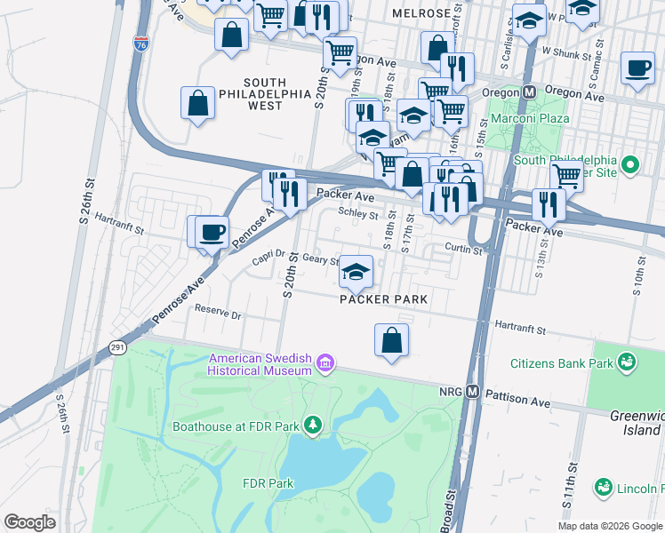 map of restaurants, bars, coffee shops, grocery stores, and more near 1924 Geary Street in Philadelphia