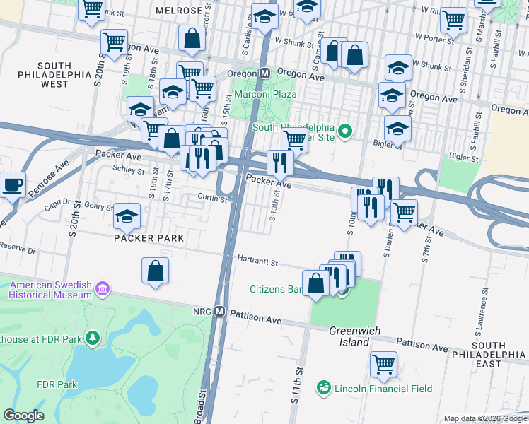 map of restaurants, bars, coffee shops, grocery stores, and more near 3135 South Juniper Street in Philadelphia