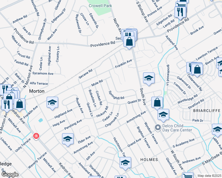 map of restaurants, bars, coffee shops, grocery stores, and more near 858 Springhill Road in Delaware County