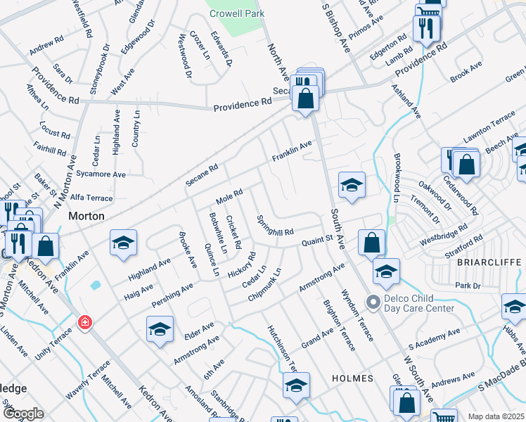 map of restaurants, bars, coffee shops, grocery stores, and more near 858 Springhill Road in Delaware County