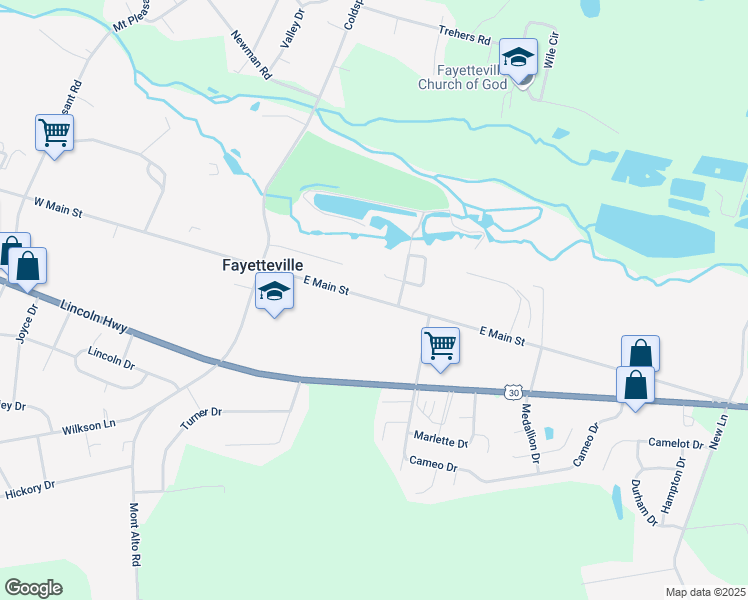 map of restaurants, bars, coffee shops, grocery stores, and more near 64 East Main Street in Fayetteville