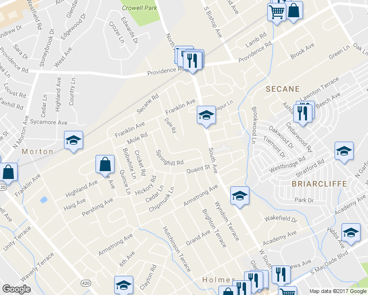 map of restaurants, bars, coffee shops, grocery stores, and more near 838 Wyndom Terrace in Secane