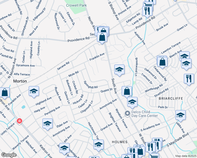 map of restaurants, bars, coffee shops, grocery stores, and more near 838 Wyndom Terrace in Secane