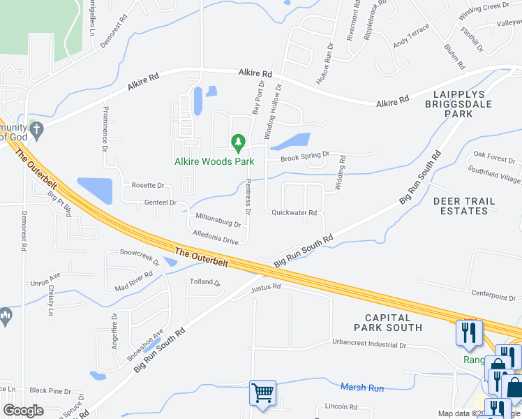 map of restaurants, bars, coffee shops, grocery stores, and more near 2147 Winding Hollow Drive in Grove City