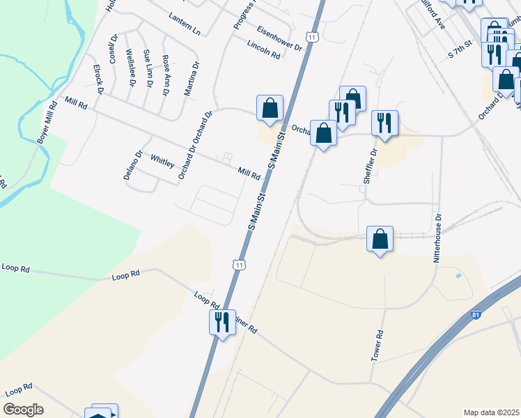 map of restaurants, bars, coffee shops, grocery stores, and more near 1550 South Main Street in Chambersburg