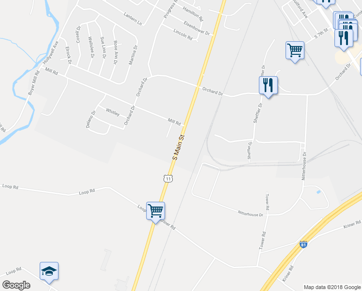 map of restaurants, bars, coffee shops, grocery stores, and more near 1550 South Main Street in Chambersburg