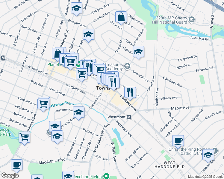 map of restaurants, bars, coffee shops, grocery stores, and more near in Haddon Township