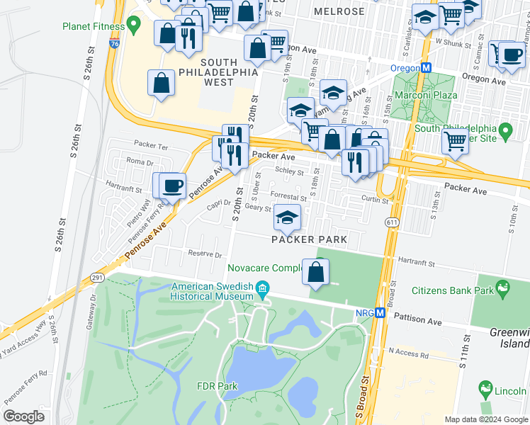 map of restaurants, bars, coffee shops, grocery stores, and more near 3192 South Uber Street in Philadelphia