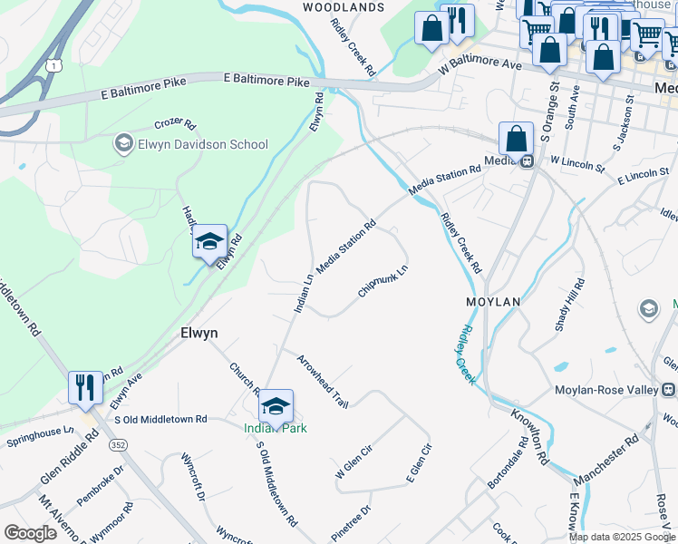 map of restaurants, bars, coffee shops, grocery stores, and more near 214 Media Station Road in Media