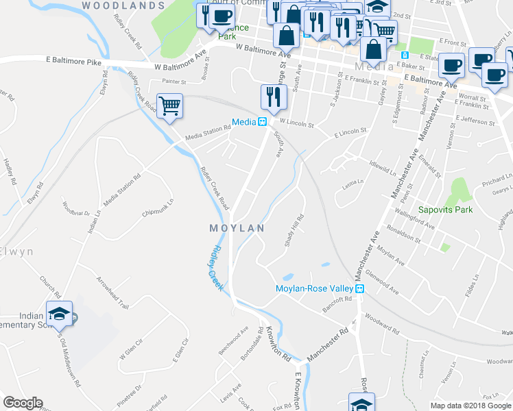 map of restaurants, bars, coffee shops, grocery stores, and more near 617 South Avenue in Media