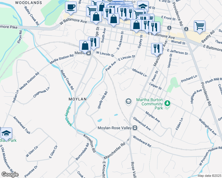 map of restaurants, bars, coffee shops, grocery stores, and more near 55 Shady Hill Road in Media