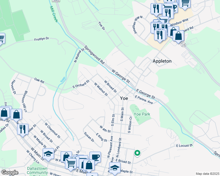 map of restaurants, bars, coffee shops, grocery stores, and more near 130 West Broad Street in Yoe